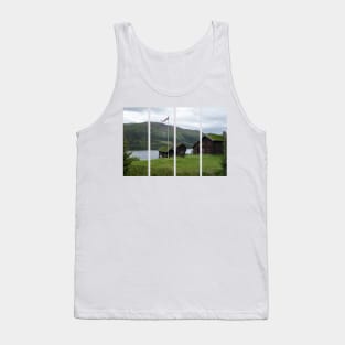 Wonderful landscapes in Norway. Vestland. Beautiful scenery of houses with grass roof. Norwegian traditional architecture Mountains, trees and snow in background. Cloudy day Tank Top
